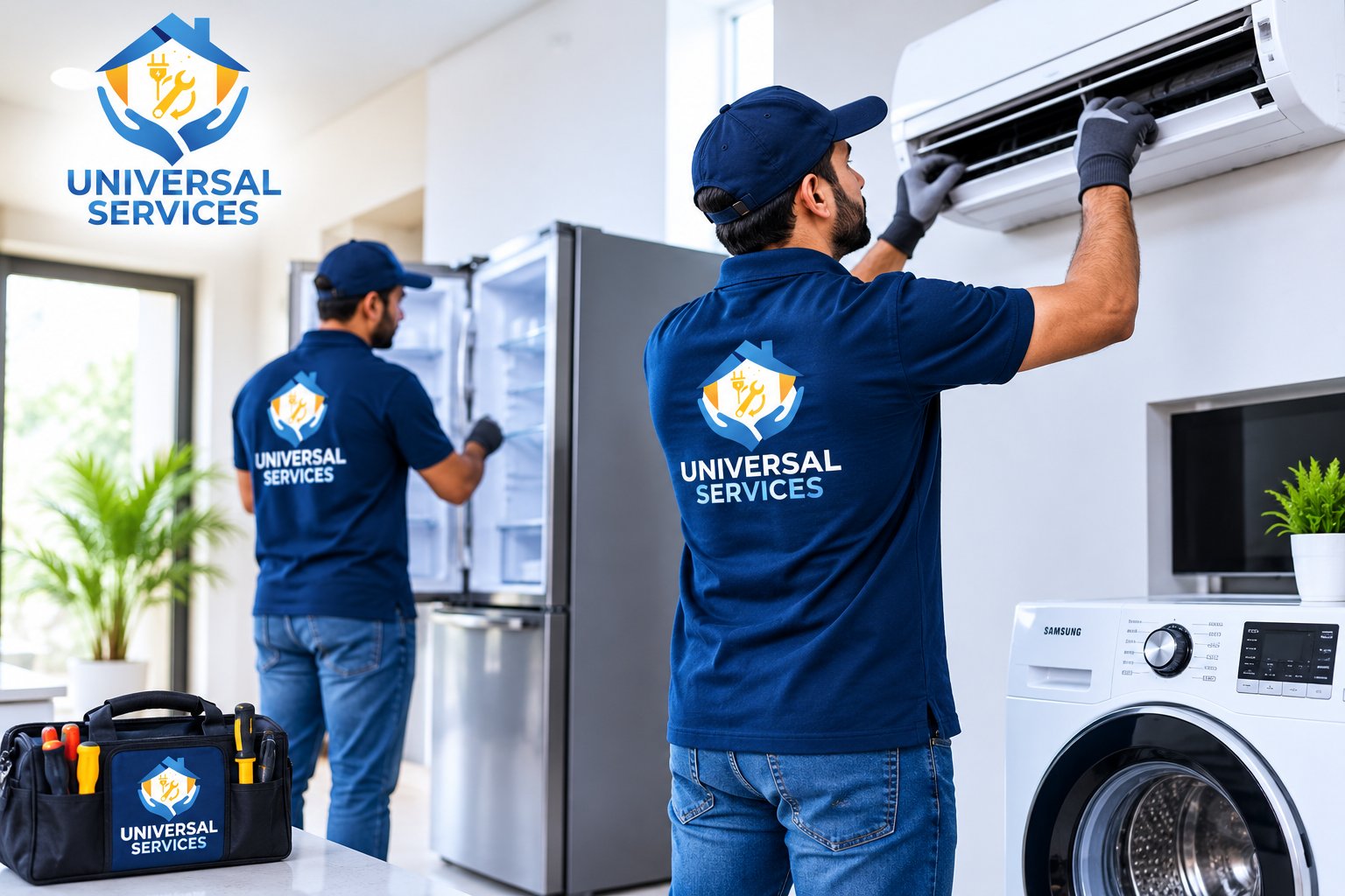 Universal Services technicians repairing AC and refrigerator