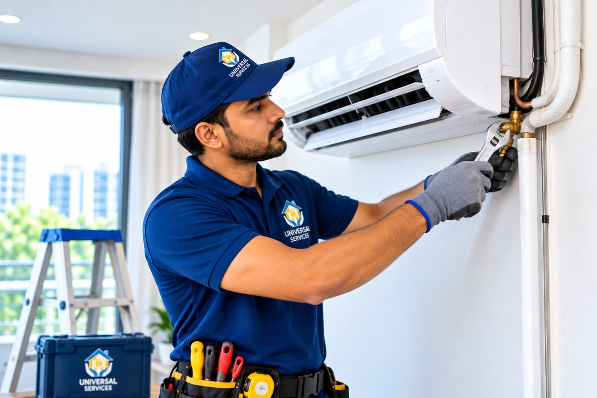 Universal Services technician installing a split AC on a wall